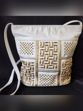 Vtg 80's Glam Samir White Leather Gold Silver Studded Crossbody Bucket Bag USA